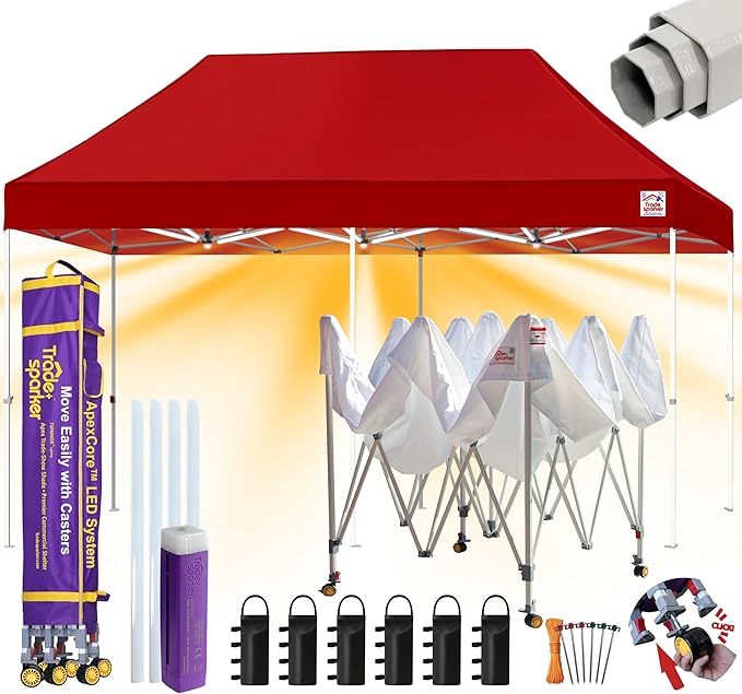 Tradesparker 10x20 Pop Up Canopy Tent,Commercial Movable Canopy with ApexCore LED&Rugged Casters-Instant Easy Setup Shelter Canopies with Weight Bags&Stakes for Outdoor Events Markets Vendors,Red