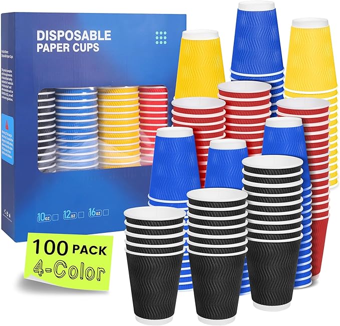 MOUMOULIFE 12 oz Disposable Paper Coffee Cups, 100 Pack 4-Color Assortment (Black, Blue, Red, Yellow), Leak-Proof Insulated Ripple Wall To-Go Cups for Hot/Cold Drinks, Home Office Cafe Party