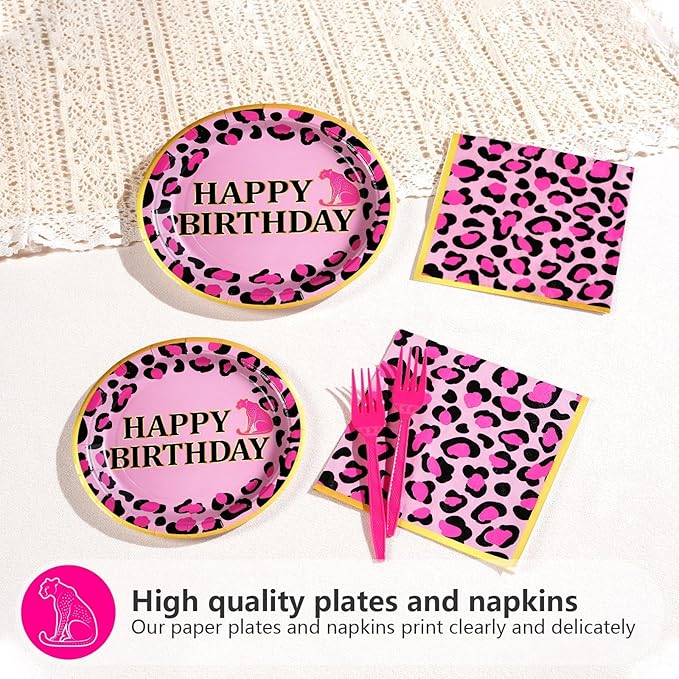 Grencian 96 Pcs Pink Leopard Birthday Party Supplies Cheetah Print Decorations Leopard Print Paper Plates Disposable Animal Jungle Safari Tableware Set for Girls Wild Birthday Cheetah Themed Party
