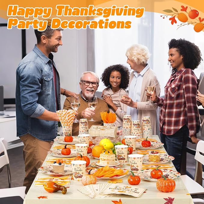 Potchen 452 Pcs Party Supplies Serve 50 Guests, Paper Plates Napkins Cups Cutlery Plastic Tablecloth Dinnerware for Birthday Wedding Party Decoration (Harvest Color, Happy Thanksgiving)