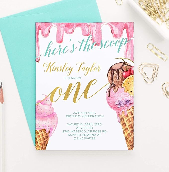 Modern Pink Paper Ice Cream Birthday Invitations for Girls, Ice Cream Invitations Birthday, Your choice of Quantity, Age, Info and Envelope Color