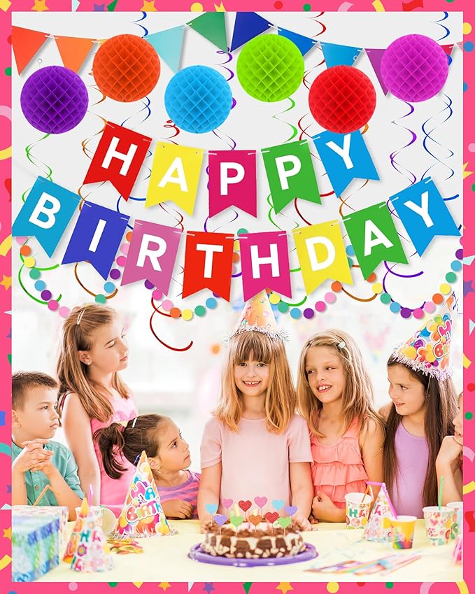Oomloid Happy Birthday Party Decorations - Colorful Happy Birthday Banner Swirl Streamers Honeycomb Balls Circle Dots Garland Triangle Flag Bunting, Rainbow Decor for Women Men Boys Girls