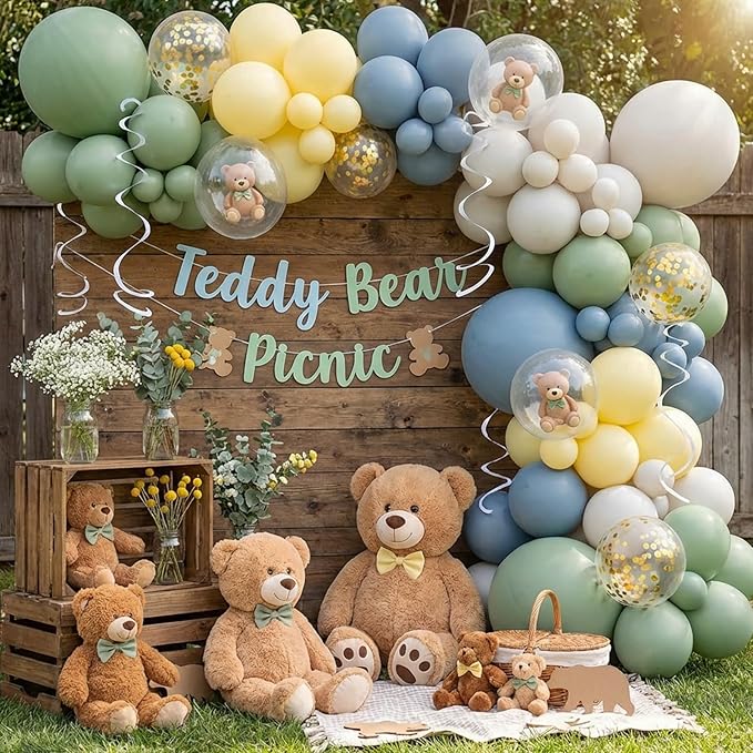 RUBFAC Sage Green Dusty Blue Yellow Balloons, Party Balloon Pastel Yellow for Theme Baby Shower Decorations Birthday Wedding Party Supplies, 65pcs 12 Inches