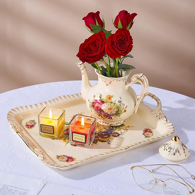 YOLIFE Ivory Serving Tray, Ceramic Floral and Gold Leaves Decorative Platter for Tea Party 15 X 11 inch (Flowering Shrubs)