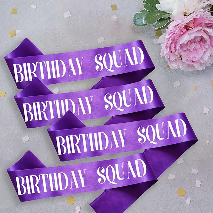 8PCS Birthday Squad Sashes, Purple Birthday Sash Set for Women or Me Funny 16th 18th 21st 30th 40th 50th or Other Bday Party Favors Decorations