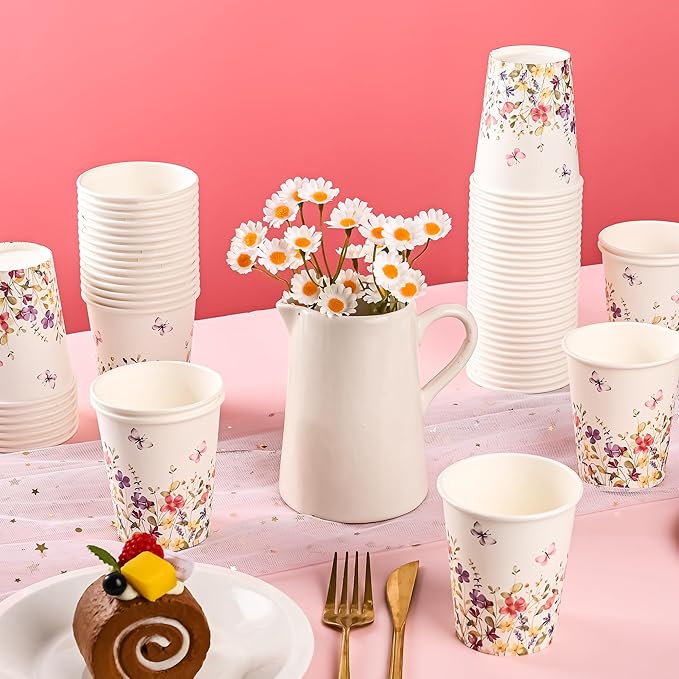 AllReal 100Pcs Wildflower Paper Cups Watercolor Pink Violet Wild Flowers Party Cups 9oz Summer Floral Butterflies Disposable Coffee Cup for Birthday Bridal Baby Shower Party Supplies