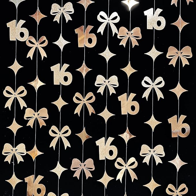 Champagne Gold 16th Bow Birthday Decorations Champagne Conquette Bow Garland Streamer Banner Backdrop for Girls Boys Happy 16th Birthday Sweet Sixteen Cheers to 16 Years Old Anniversary Party Supplies