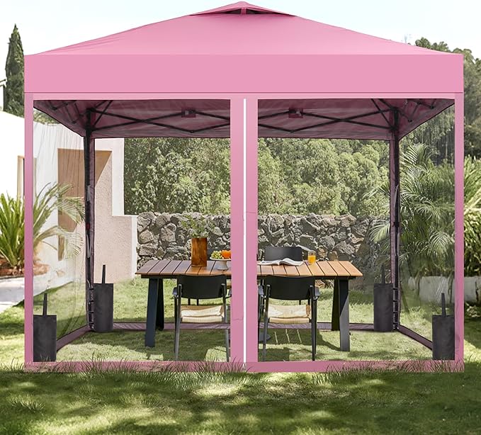 GDY 10x10 Pop up Canopy Tent with Mosquito Netting, Easy up Gazebo for Patio, Camping and Garden, Includes 4 Sandbags, Pink