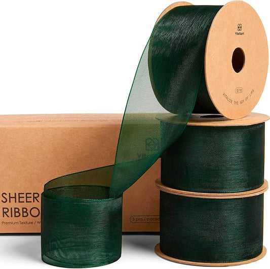 Vitalizart Green Organza Ribbon 1.5" x 30 Yd Sheer Ribbons Dark Green for Christmas Decor Gift Wrapping Crafts Bows Wedding Invitations Wreaths Bouquet
