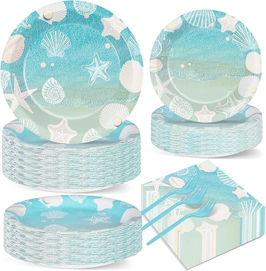Seashell Beach Party Plates Napkin Fork Nautical Coastal Birthday Party Tableware Set Ocean Starfish Dinnerware Supply for Summer Holiday baby shower Wedding Bridal Decoration favor Serve 50