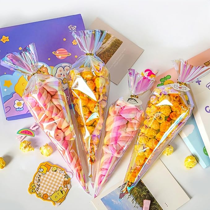 FERENLI 50 Pcs 6.1x10 inch Cone Shaped Iridescent Holographic Cellophane Treat Bags with Twist Ties Plastic Goodie Bags for Candy Popcorn Snack Birthday Party Favors Packaging (Iridescent Clear)