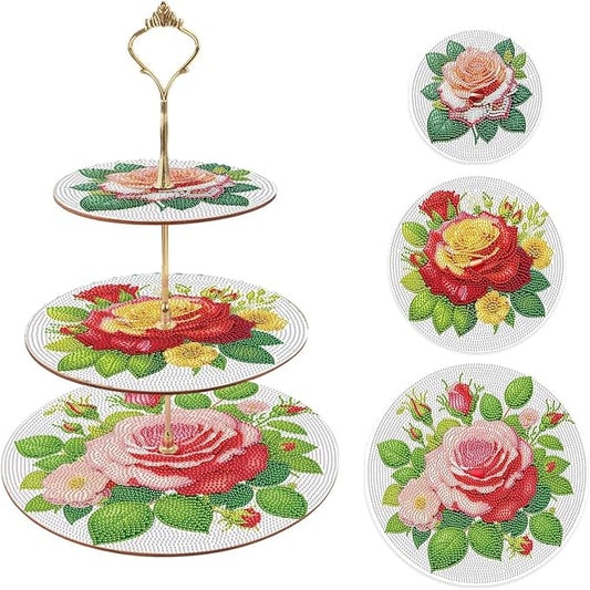 DoxQcs 3 Tier Wooden Diamond Art Painting Cake Cupcake Display Stand Round Cupcake Stand Dessert Tower Pastry Tray Platter for Tea Party Wedding Birthday-Rose