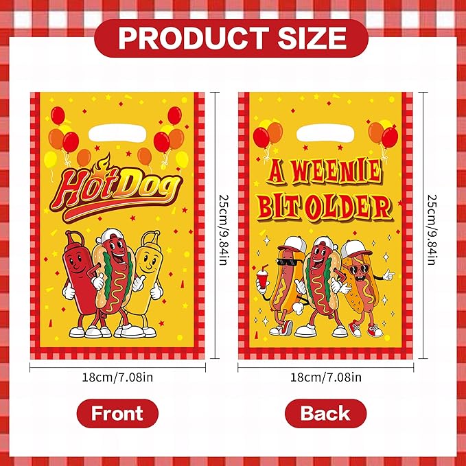 MOIZYNG 50Pcs Hot Dog Gift Bags with Handles, A Weenie Bit Older Birthday Plastic Candy Treat Goodie Bags for Hotdog Sausage Fast Food BBQ Cookout Birthday Party Decorations