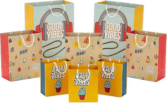 Hallmark Gift Bag Assortment (8 Bags: 3 Small 6", 3 Medium 9", 2 Large 13") Kids Birthday, Good Vibes, Retro Icons