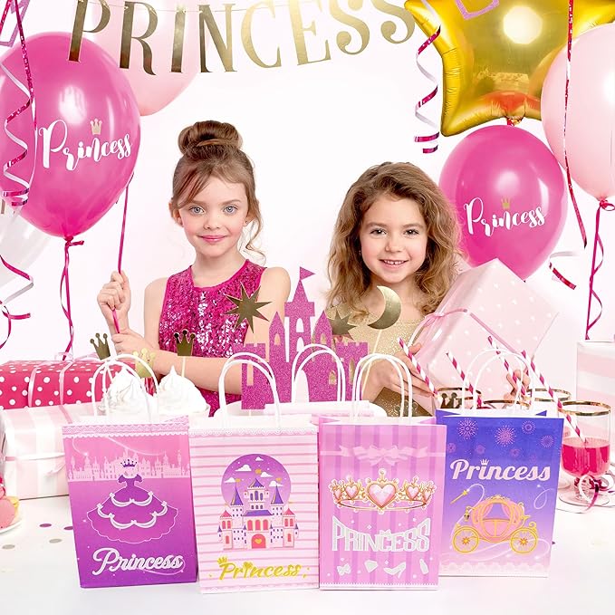 16Pcs Princess Goodie Bags, Pink Princess Party Favor Bags with Handles, 4 Styles Paper Thick Bottom Reusable Castle Treat Candy Gift Bags for Party Decorations Birthday Supplies Baby Shower Wedding(16)