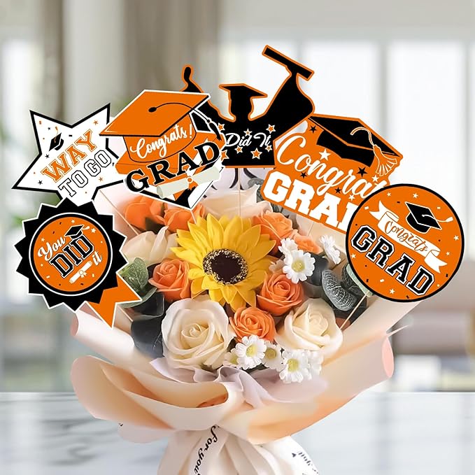 24Pcs Graduation Party Decorations Class of 2026, Graduation Centerpieces for Tables, 2026 Congrats Grad Party Centerpiece Stick Table Toppers for Graduation Party Supplies (Orange,Black)