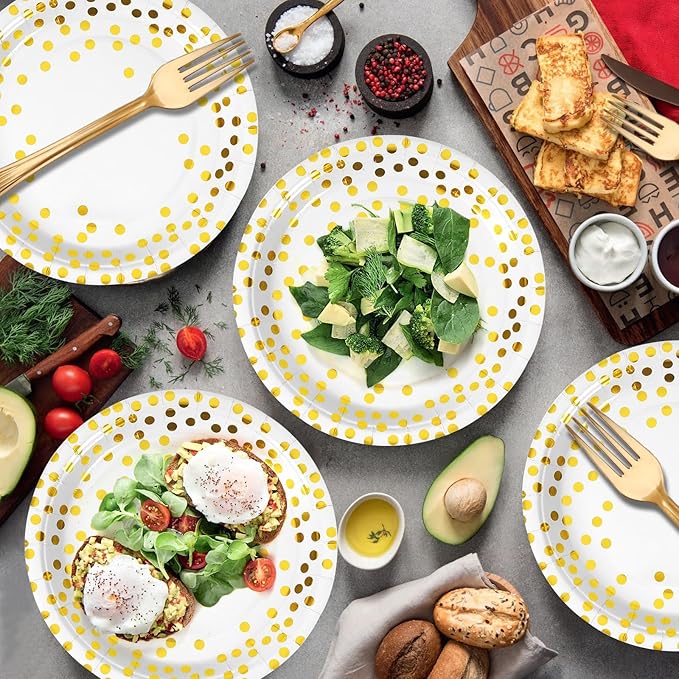 White and Gold Paper Plates and Napkins Party Supplies-50 x 7'' Dessert Plates & 50 x 6.5''Napkins & 50 x 7.3''Forks,Disposable Paper Tableware Set for Birthday,Wedding,All Occasions