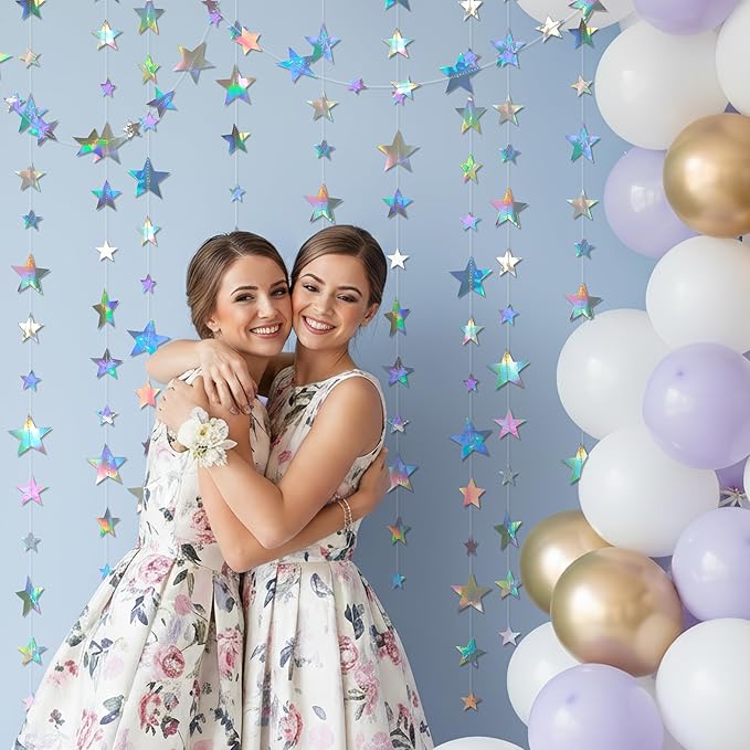 Cheerland 156ft Iridescent Star Garlands Space Party Decorations Hanging Stars Decoration Holographic Streamer Banner Backdrop Graduation Disco Galaxy Moon Euphoria Birthday Party Garland Star Decor