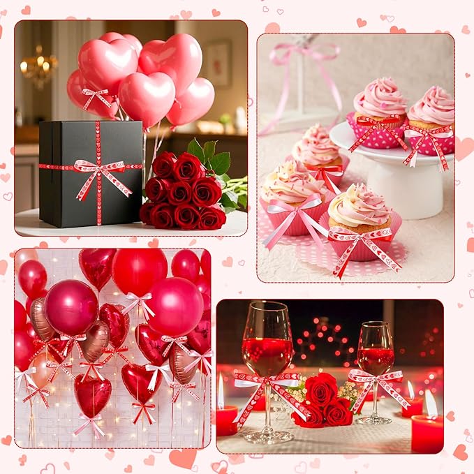 6 pcs Valentine’s Day Ribbon Set, 3/8 Inch Heart Satin Ribbons for Candy Gift Wrapping Flower Home Decoration(Red Pink)