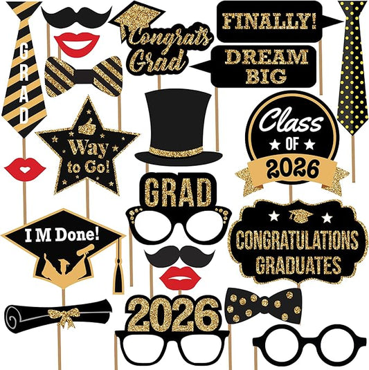 KatchOn, Graduation Photo Booth Props 2026 - Pack of 21 | 2026 Photo Props for Black and Gold 2026 Graduation Decorations, Graduation Party Decorations, Graduation Photo Booth Props, Grad Party Decor