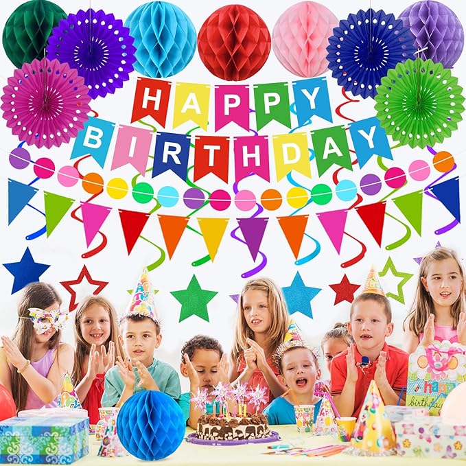 Birthday Decorations Colorful Happy Birthday Banner Paper Fans Honeycomb Balls Hanging Swirl Stars Triangles Dots Garland Cupcake Toppers Party Decorations for Women Men
