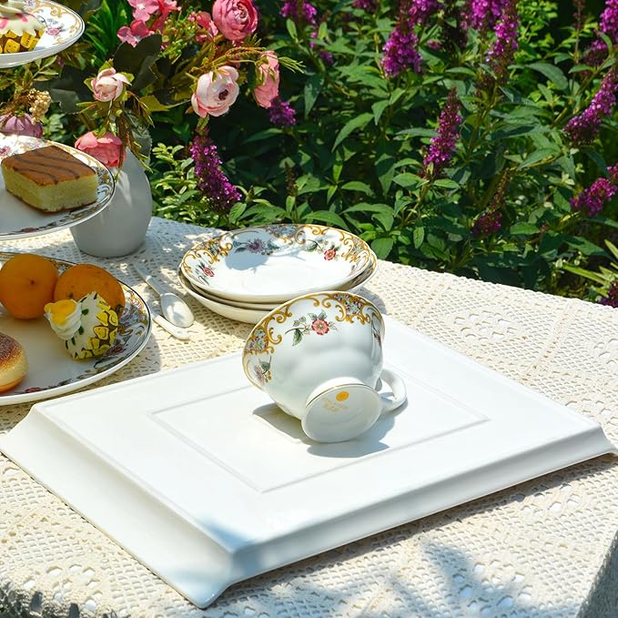 ACMLIFE Bone China Serving Platter, 14 Inch White Rectangular Tray, Elegant Floral Pattern, Ideal for Tea Set, Appetizers, Fruit, Veggies, Desserts