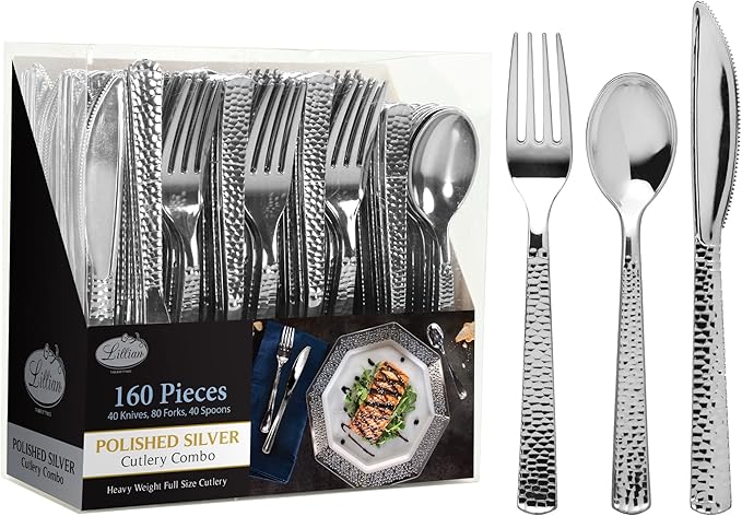 Plastic Cutlery Silverware Extra Heavyweight Disposable Flatware, Full Size Cutlery Combo, Silver Pebbled, 80 Forks, 40 Spoons, 40 Knifes, Value Pack 160 Count