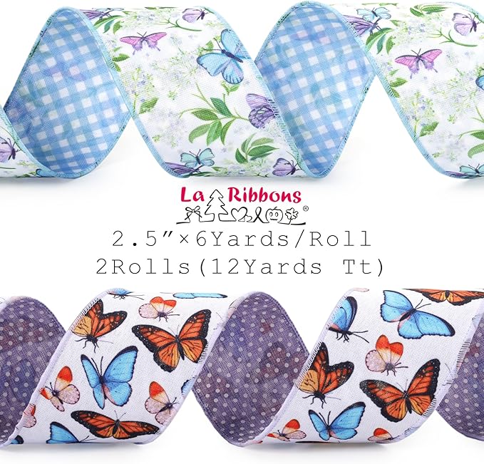 LaRibbons Double Faced Butterfly Wired Ribbon 2 Rolls 2.5 Inch x 12 Yards TTL, Blue and Purple Burlap Spring Ribbon with Plaid and Polka Dot Printed for Crafts Wreath Gift Wrapping Bow Decoration