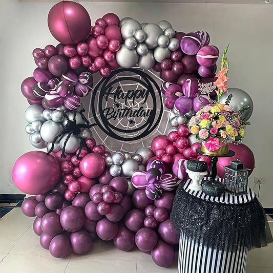 Halloween Magenta Silver Balloon Garland Arch Kit, 119Pcs Fuchsia Pink Plum Marble Purple Silver Latex Balloons with 3D Bat Spider Web for Spooky Gothic Birthday Dark Romance Wedding Party Decorations