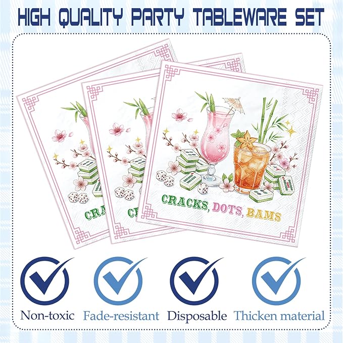 Mahjong Birthday Party Supplies - 96 Pcs Mahj Disposable Paper Dessert Plates Napkins Forks Tableware Decor Cocktail Mah Jong Table Decorations Accessories for Game Night Holiday Serves 24