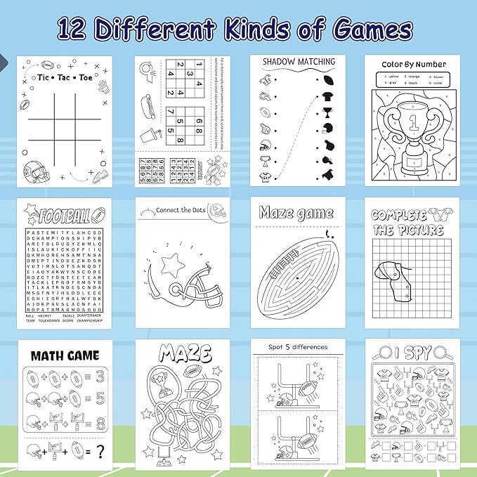 Football Activity Books for Kids - Football Theme Mini Games Coloring Book Set Bulk Mazes Word Search Word Scramble Games DIY Booklet for Birthday Party Goodie Bags Stuffers Classroom Favors Supplies