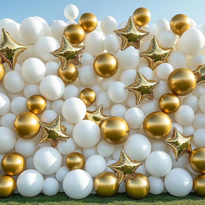 RUBFAC White and Gold Balloons 129pcs Different Sizes Pack of 18 12 10 5 Inch, Latex Balloon Garland Arch Kit for Birthday Party Wedding Holiday Baby Shower Decoration