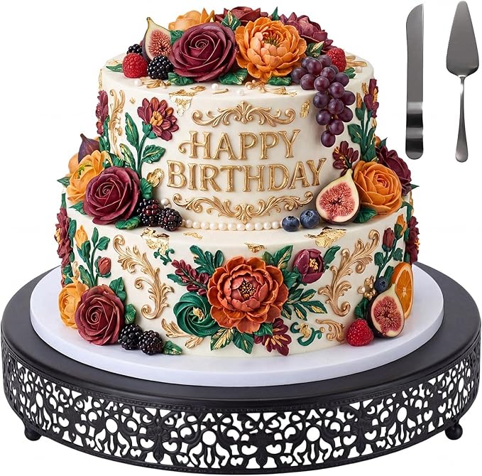Wenqik 14 Inch Black Cake Stand Set Metal Round Cupcake Dessert Stand with Cake Cutting, Spatula Wedding Cupcake Pastry Display Candy Holder Display for Wedding Party Birthday Baby Shower(Classic)