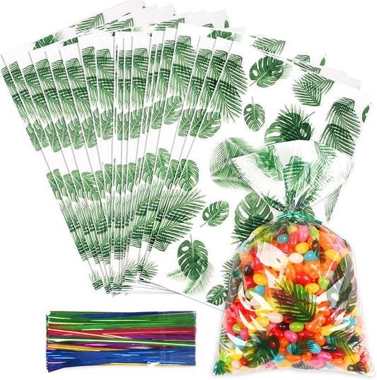 100 Pcs Gift Wrap Cellophane Treat Bags, 8 X12 Inch Hawaiian Palm Leaf Cellophane Candy Bags with for Candy,Cookies,Wedding Bridal Decorations Birthday,Valentine Party with Twist Ties
