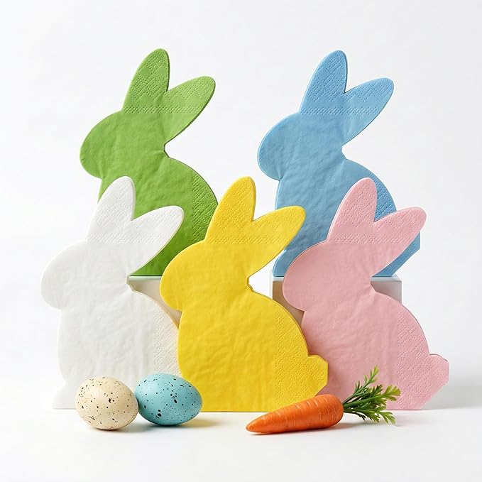 50 Pcs Bunny Die-Cut Party Napkins, 5 Pastel Colors Paper Napkins Disposable, Beverage Lunch Napkins for Birthday, Baby Shower, Tea Party
