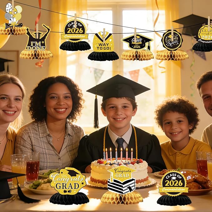 Graduation Decorations 2026 Black Gold Centerpieces 9 Pcs, Class of 2026 Graduation Table Decorations, Grad Party Decor for High School College, Graduation Party Supplies