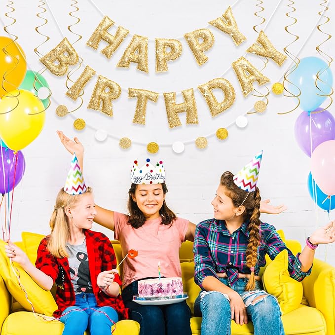 Pre-strung Gold Glitter Happy Birthday Banner Garland, Reusable Birthday Party Decorations, No DIY Gold Birthday Party Banner Sign Decor for Women Men Boys Girls Party Backdrop Party Supplies