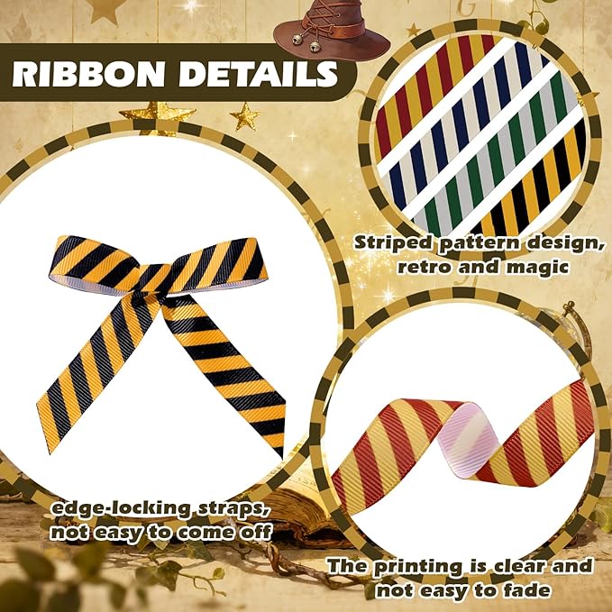 4-Style Magic School Polyester Ribbons - 0.63Inch x 20 Yards Academy Themed Threaded Ribbon | Magical Striped Ribbon for DIY Crafts, Party Decor, Gift Wrapping, Hair Bow Accessory