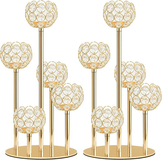 5-Arm Crystal Tealight Candelabra Centerpiece, 14.8 Inch Metal Candle Holder for Table Decor, Wedding, Christmas, Party, Anniversary & Home Decoration (2, Gold, S-14.8 in)