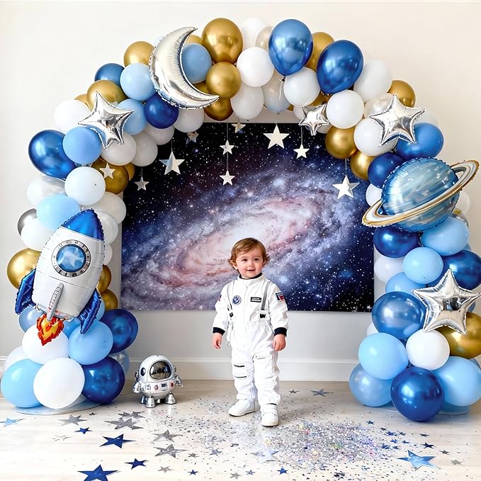 Blue and Gold Balloons, 12 Inch Pastel Baby Blue Metallic Blue Metallic Gold White Latex Balloon for Boys Men Birthday New Year Graduation Party Decor Baby Shower Anniversary Decorations Supplies
