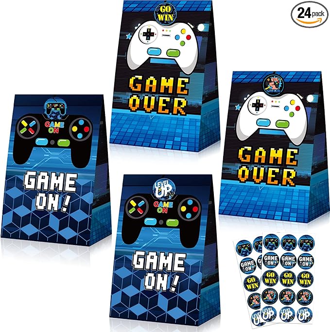 Pajean 24 Pcs Game Gift Bag Video Game Party Supplies Gamer Party Favor Gaming Theme Goodie Candy Treat Bags with 30 Pcs Stickers for Themed Birthday Decorations