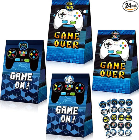 Pajean 24 Pcs Game Gift Bag Video Game Party Supplies Gamer Party Favor Gaming Theme Goodie Candy Treat Bags with 30 Pcs Stickers for Themed Birthday Decorations