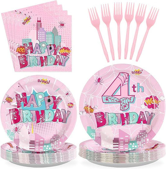 Grencian 96 Pcs Pink Spider Birthday Party Supplies Spider Web 4th Birthday Paper Plates Super Girl Hero Party Decorations Tableware for Kids Girls Four Year Old Party Decorstions Serves 24
