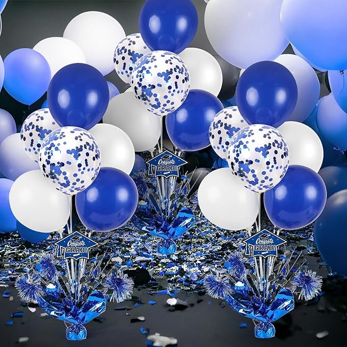 4 PCS Graduation Centerpieces for Tables Balloons Stand Holder Kit College Graduation Decorations 2026 Metallic Glitter Foil Balloon for Graduation Party Decorations Prom Send off Party(4, Blue White)