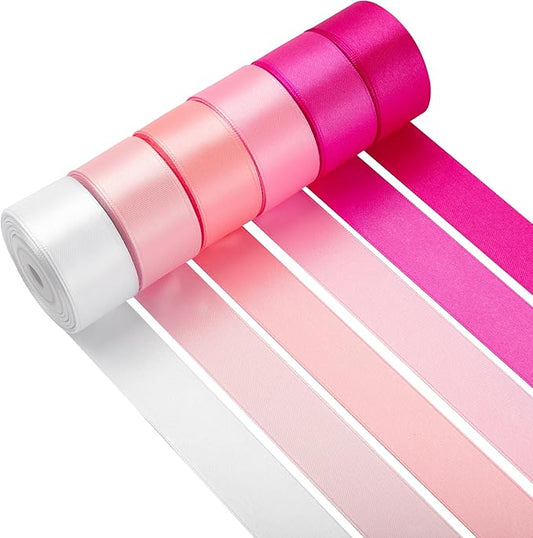 LIUYAXI Pink Double Face Satin Ribbon 1 Inch x 6 Rolls Total 60 Yards- White Pink Ribbon for Gift Wrapping, Crafts, Flower Bouquets, Hair Bows, Wedding,Valentine's Day