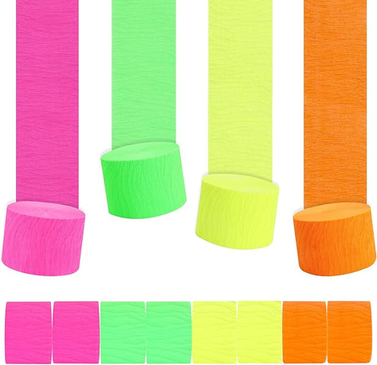 BEISHIDA Glow in The Dark Party Supplies，8 Rolls Neon Crepe Paper Streamers for Neon Summer Party Birthday DIY Craft Paper(1.8 Inch x 82 Ft/Roll)