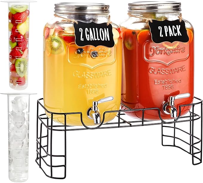 2 Gallon Large Glass Drink Dispenser Set, 2 Pack Beverage Dispensers with Stand & 18/8 Stainless Steel Spigot, Leakproof for Lemonade, Sun Tea & Iced Tea