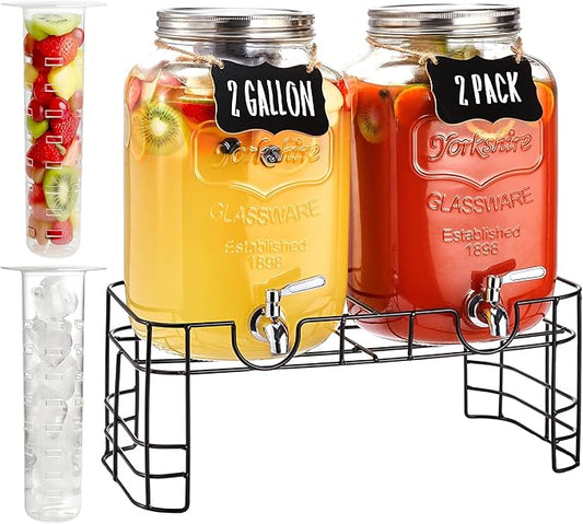 2 Gallon Large Glass Drink Dispenser Set, 2 Pack Beverage Dispensers with Stand & 18/8 Stainless Steel Spigot, Leakproof for Lemonade, Sun Tea & Iced Tea