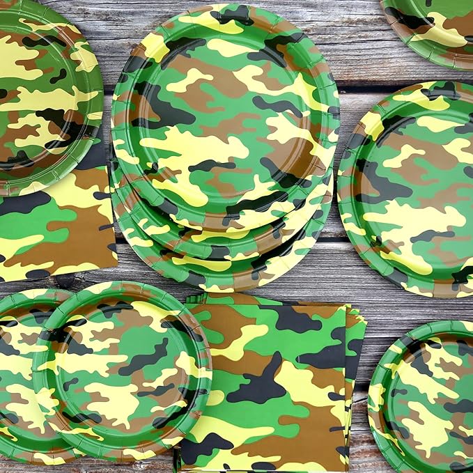 Camo Party Supplies - Army Party Tableware - Dinner Plates, Dessert Plates, Napkins, Forks for Boy Camouflages Hunting Military Party Supplies, Serves 25