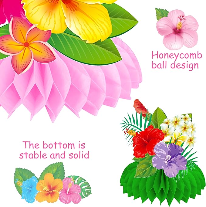 Hawaiian Tropical Party Honeycomb Centerpieces 12Pcs Hibiscus Flower Palm Leaves Centerpieces for Tables Hawaiian Flower Centerpieces Decorations for Hawaii Luau Aloha Party Supplies
